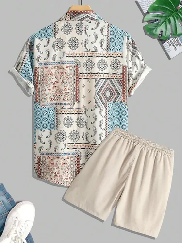 Miniatura 2 de COZYEASE Conjunto de 2 piezas de camisa y pantalones cortos de manga corta con botones y estampado floral para hombre