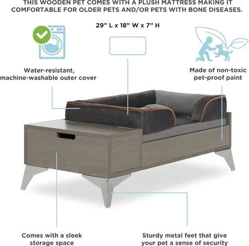 Miniatura 4 de Cama de madera para perros con colchón, elevada de pequeña a media, resistente al agua, cama para mascotas de madera con almacenamiento, certificado