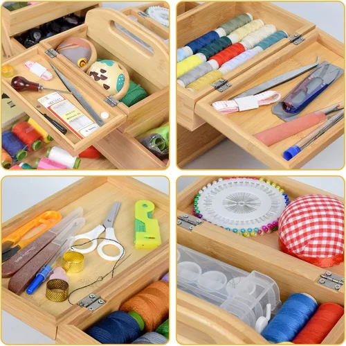 Miniatura 4 de Caja Organizadora de Costura de Madera para Suministros de Costura, Caja de Almacenamiento para Pasatiempos de Costura y Manualidades, 3 Niveles