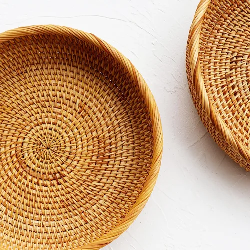Miniatura 3 de I-lan Cesta de pan de ratán de 9 pulgadas con pared de 2 pulgadas, bandeja plana de mimbre con borde enrollado, cuenco redondo decorativo para todos