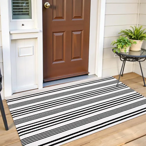 Miniatura 4 de Alfombra de lana cuadriculada para exteriores de 24 x 35 pulgadas, alfombra de algodón tejida a mano, plegable, lavable, reversible, en capas