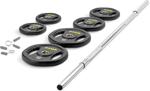 Miniatura 3 de ZIVA Juego de pesas de 35 libras para estudio, kit de gimnasio en casa ajustable con placas de uretano de goma estándar, barra cromada de 5 pies