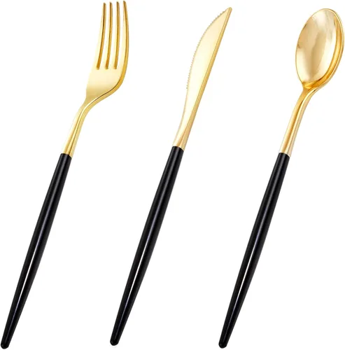 I00000 Juego de 60 cubiertos dorados con mango negro, cubiertos de plástico negro resistente, incluye 20 tenedores, 20 cuchillos, 20 cucharas, juego