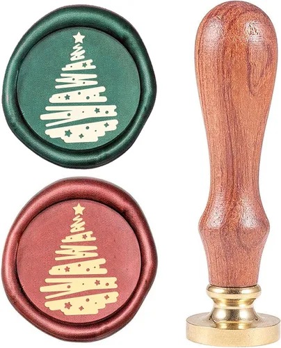 CRASPIRE Sello de cera para árbol de Navidad, diseño de estrella vintage X'Mas EVE, cabeza de latón, mango de madera, sello de cera de sellado
