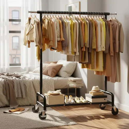 Miniatura 2 de Raybee Perchero resistente de 75 pulgadas de ancho, 450 libras, almacenamiento de ropa de metal con estante, ruedas con bloqueo y tapones
