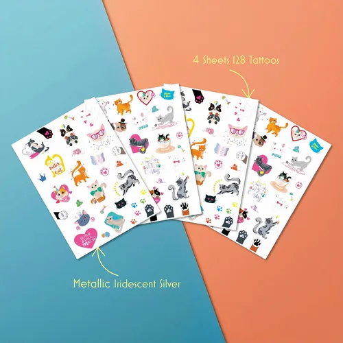 Miniatura 3 de PapaKit Kitty Cats - Juego de tatuajes falsos temporales, 4 hojas de 64 estilos con lámina iridiscente metálica, recuerdos de fiesta, rellenos