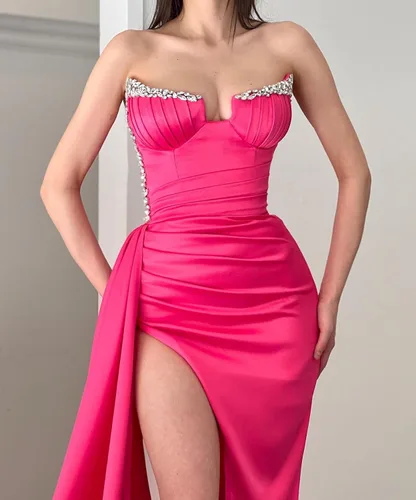 Miniatura 2 de Vestidos de fiesta de sirena sin tirantes, con cuello en V, vestidos de noche formales con abertura, vestidos de fiesta para mujer 2023