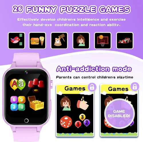 Miniatura 5 de Cosjoype Reloj inteligente para niños con 26 juegos de rompecabezas, pantalla táctil HD, cámara de video, reproductor de música, seguimiento