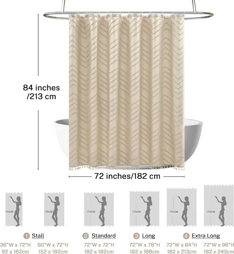 Miniatura 4 de Siiluminisoy Cortina de ducha extralarga hecha de tela tejida, de estilo bohemio, de rayas chevrón y capitoné, color beige, de 72 x 84 pulgadas, A