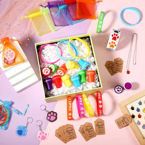 Miniatura 7 de Chivao Juego de 85 piezas de recuerdos de fiesta de pata de perro con pulsera de silicona con estampado de pata, llavero, cadena colgante, bolsa