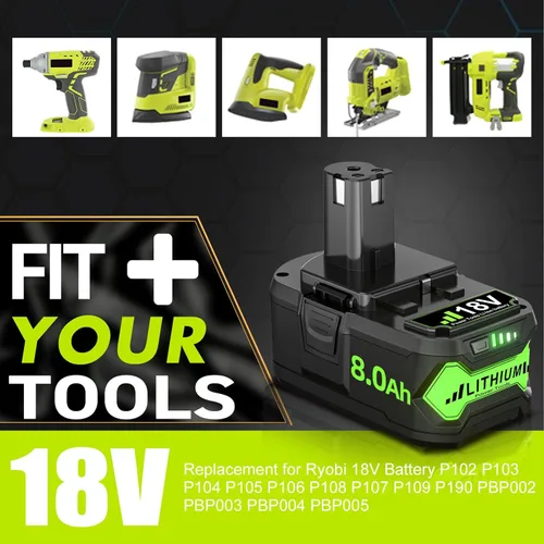 Miniatura 2 de Paquete de 2 baterías de repuesto actualizadas de 8.0 Ah para Ryobi de 18 V, batería de iones de litio ONE+ Plus P102 P103 P104 P105 P106 P108 P107