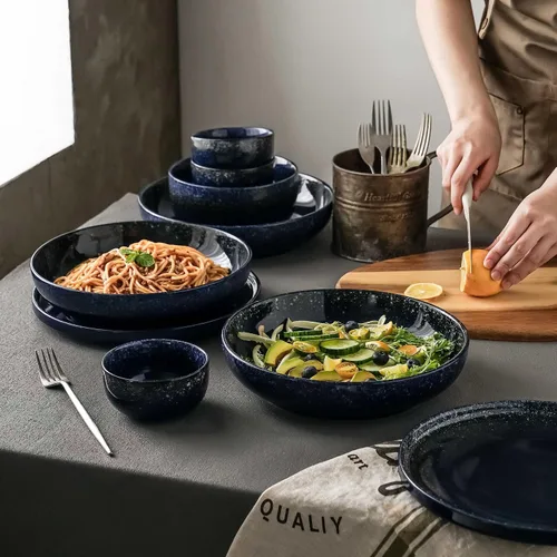 Miniatura 7 de S&Q'S CERAMICS Juego de 4 tazones grandes para servir, tazones grandes para ensalada de 65 onzas, platos hondos de cerámica anchos y poco profundos