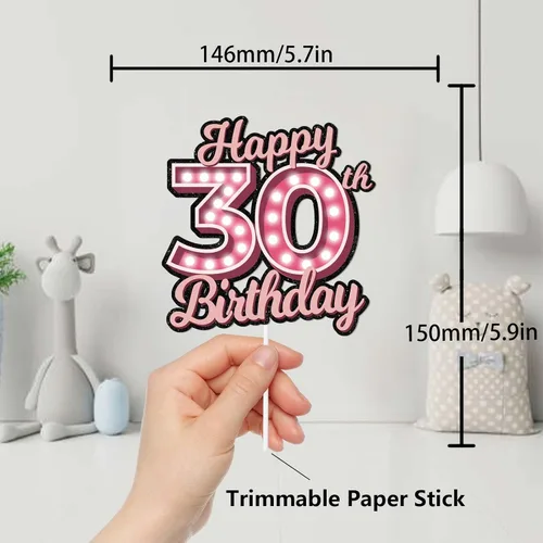 Miniatura 2 de Decoración para pastel de cumpleaños 30 con purpurina rosa Let's Glow Crazy Party Theme Decor Supplies Men Women Happy Birthday 30 Anniversary Party