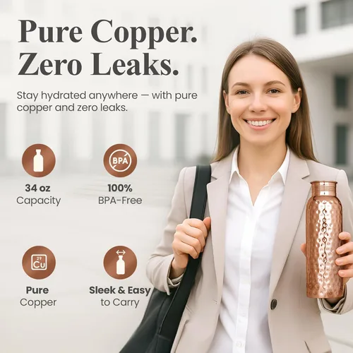 Miniatura 4 de Botella de agua de cobre 100% puro para beber, botella de cobre ayurvédico martillado de 34 onzas para agua potable, a prueba de fugas y ecológica