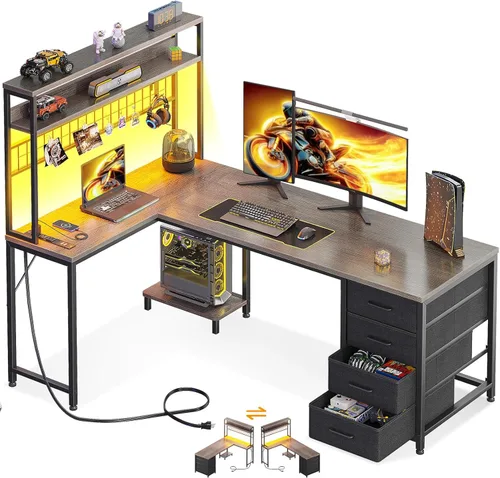 Miniatura 10 de AODK Escritorio en forma de L para juegos con luz LED y toma de corriente, mesa de computadora reversible en forma de L de 53 pulgadas con estante