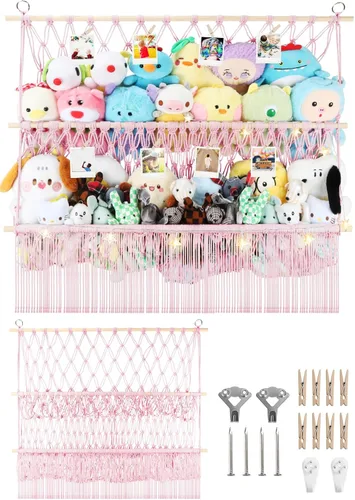 Miniatura 10 de Red de almacenamiento de animales de peluche de 2 niveles, 17 x 32 pulgadas, organizador grande de animales de peluche para pequeños rellenos