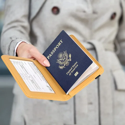 Miniatura 4 de Casmonal Funda para pasaporte, cartera con bloqueo RFID, funda de cuero, organizador de documentos de viaje, Combo de vacunación amarillo
