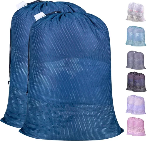 Miniatura 19 de Polecasa Bolsas de lavandería grandes de malla de diamante extra resistentes con cierre de cordón y etiqueta de identificación, paquete de 2 bolsas