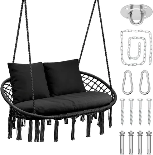 Miniatura 9 de Magshion Silla hamaca colgante con acogedor cojín completo, silla columpio de macramé exterior con capacidad de 350 libras, muebles decorativos Beige