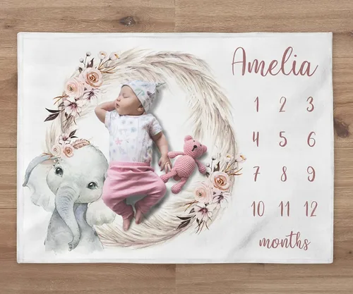 NAZENTI Manta de bebé – Manta personalizada de elefante niña, manta personalizada de hojas de pampa, manta del mes del bebé, regalo para recién