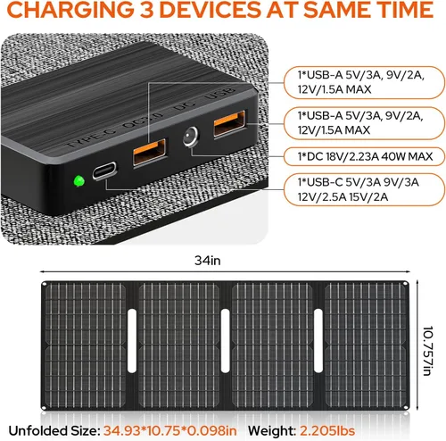 Miniatura 9 de Estación de energía portátil con panel solar plegable de 40W, generador de energía solar de 100W con paneles, toma de corriente de 110V AC, banco