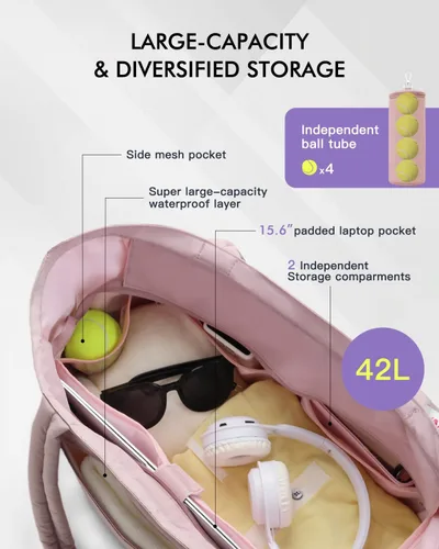 Miniatura 4 de Bolsa acolchada de tenis para mujer, bolsa de lona para gimnasio con compartimento para zapatos y bolsillo húmedo, se adapta de 2 a 4 raquetas y Rosa