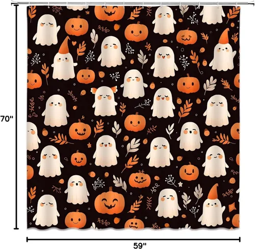Miniatura 5 de Cortina de ducha de fantasma de Halloween, diseño de calabaza espeluznante, hojas retro, divertida tela de dibujos animados para decoración de baño