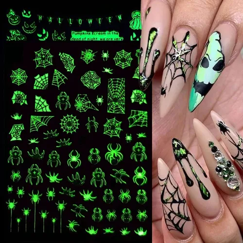 Miniatura 2 de Calcomanías de uñas de Halloween, que brillan en la oscuridad, calcomanías de uñas luminosas 3D, autoadhesivas, calabaza, calavera, murciélago