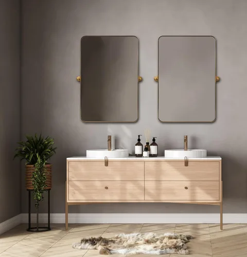 Miniatura 9 de ANDY STAR Espejo pivote dorado cepillado de 20 x 30 pulgadas para baño, espejo de baño con marco de metal de latón para pared, espejo de pared