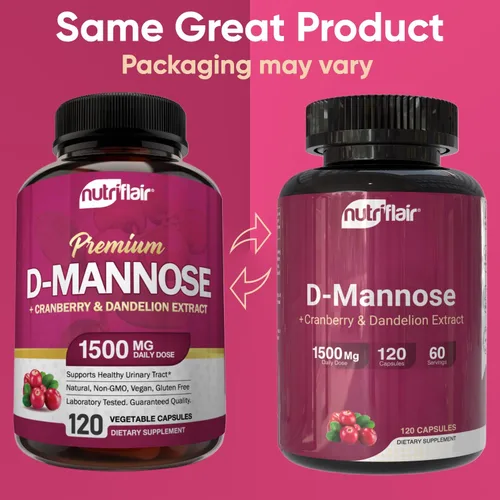 Miniatura 2 de NutriFlair D-Manosa 120 Cápsulas, 1500mg - con Extracto de Arándano y Diente de León - Apoyo Natural para la Salud del Tracto Urinario UTI - El
