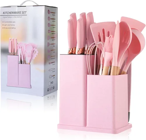 Utensilios de cocina rosados del silicón, sistema de cocina antiadherente, manija de madera BPA no tóxica libre