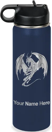 Miniatura 49 de LaserGram Botella de agua con tapa abatible de doble pared de 12 onzas con pajilla, dragón, grabado personalizado incluido (negro)