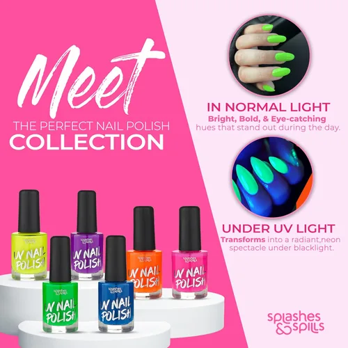 Miniatura 7 de splashes & spills Esmalte de uñas UV Blacklight Glow – Paquete variado de 6 colores, 0.5 fl oz – Día o Noche, Clubbing o Maquillaje de disfraces