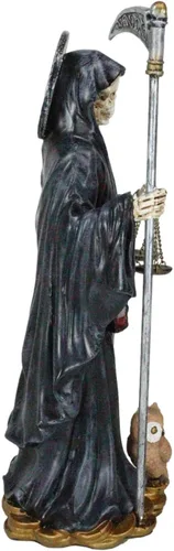 Miniatura 2 de Ebros Gift Figura de Santa Muerte de pie con guadaña y escalas de justicia con búho sabio de 10.25 pulgadas de alto, hueso de la muerte sagrada