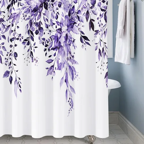 Miniatura 8 de Cortina de ducha, cortinas de eucalipto púrpura para baño, cortinas de baño con hojas en acuarela lavables, impermeables, juego de cortinas de hojas