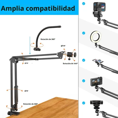 Miniatura 5 de Soporte de cámara superior con anillo de luz, brazo flexible articulado para teléfono compatible con iPhone, webcam Logitech, trípode de escritorio