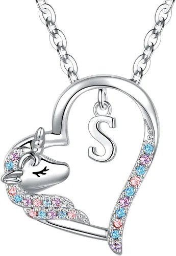Miniatura 16 de Anoup Collar con inicial de unicornio, chapado en oro de 14 quilates, hipoalergénico con circonita cúbica, colgante de diamante simulado, joyería