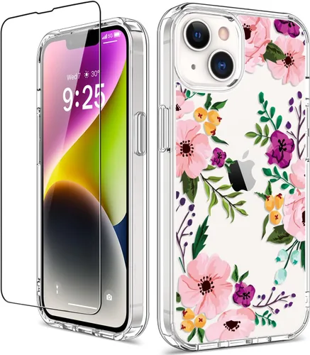 Miniatura 23 de Funda para iPhone 14 Pro con protector de pantalla, 6.1 pulgadas, transparente de cuerpo completo, a prueba de golpes, diseño floral, para niñas