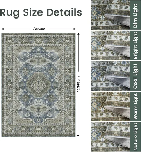 Miniatura 2 de Rugland Alfombra de área de 9 x 12 pies, resistente a las manchas, lavable, antideslizante, para sala de estar, alfombras tribales vintage