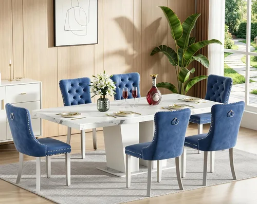 Miniatura 18 de Juego de mesa de comedor extensible de 5 piezas con 4 sillas de tela, mesa extensible marrón con base negra, juego moderno de comedor de madera