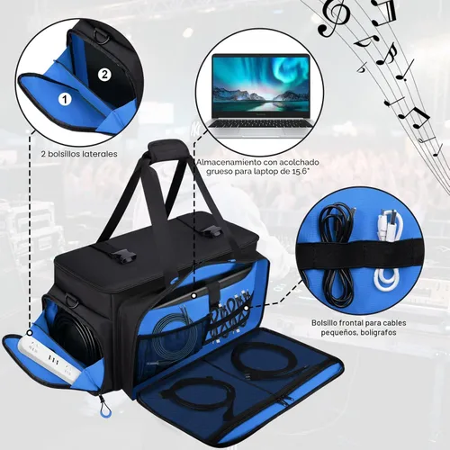 Miniatura 3 de Bolsa grande para cables de DJ con bolsillo para laptop y micrófono, bolsa de DJ para equipo y accesorios de música con divisores desmontables, Azul