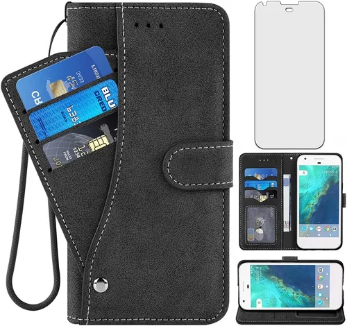 Asuwish Compatible con Google Pixel 1 2016 1ª generación - Funda tipo cartera de vidrio templado, protector de pantalla con tapa para tarjetas de