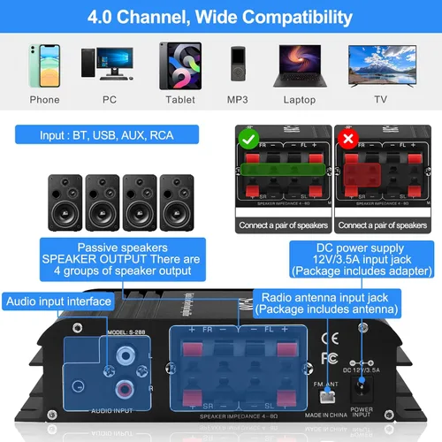 Miniatura 6 de Amplificador de audio estéreo para altavoces del hogar S-288 Bluetooth 5.0 HiFi Mini amplificadores de componentes de audio Receptor 4.0CH RMS 40Wx4