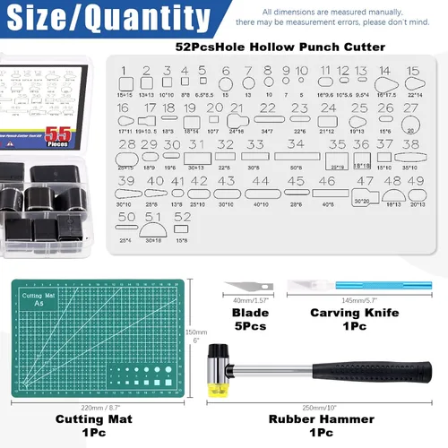 Miniatura 2 de Glarks Kit de herramientas de cortador de perforador hueco de 55 piezas, incluye 52 formas de un agujero, cuchillo de trinchar con 5 cuchillas, un