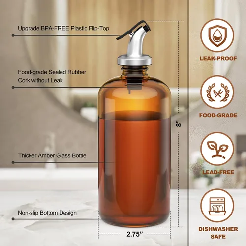Miniatura 6 de Dispensador de enjuague bucal de vidrio ámbar con portavasos para baño, contenedor de botellas de enjuague bucal recargable de 16 onzas con bandeja