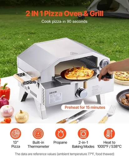 Miniatura 2 de VEVOR Horno de pizza para exteriores 2 en 1, horno y parrilla de pizza de propano de 13 pulgadas, horno de gas propano de mesa de 12,000 BTU