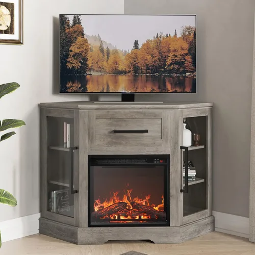 Miniatura 2 de BELLEZE Soporte de TV de esquina de 43 pulgadas con calentador eléctrico de chimenea de 18 pulgadas para televisores de hasta 43 pulgadas, moderno