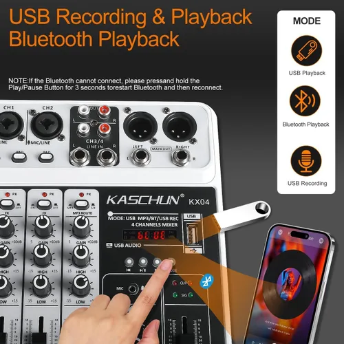 Miniatura 3 de Mezclador profesional de audio DJ de 4 canales, tablero de sonido Bluetooth con entrada USB MP3 y alimentación fantasma de 48 V para karaoke