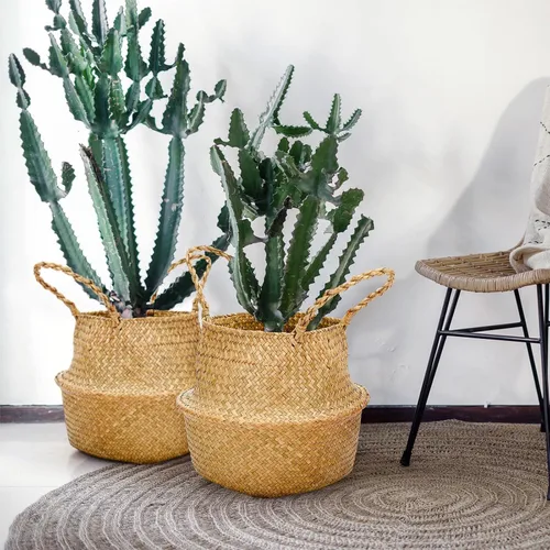 Miniatura 5 de Qunclay 4 Cestas Tejidas de Hierba Marina Belly Basket Plegable Boho Natural Maceta con Asas Redonda Decorativa de Mimbre Grande para Interiores