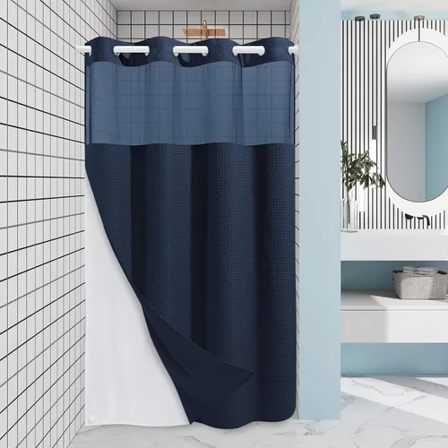 Miniatura 55 de EUTXL Cortina de ducha beige sin gancho con forro a presión, cortinas de ducha de tejido gofre de 230 GSM para baño, 54 pulgadas de ancho x 80